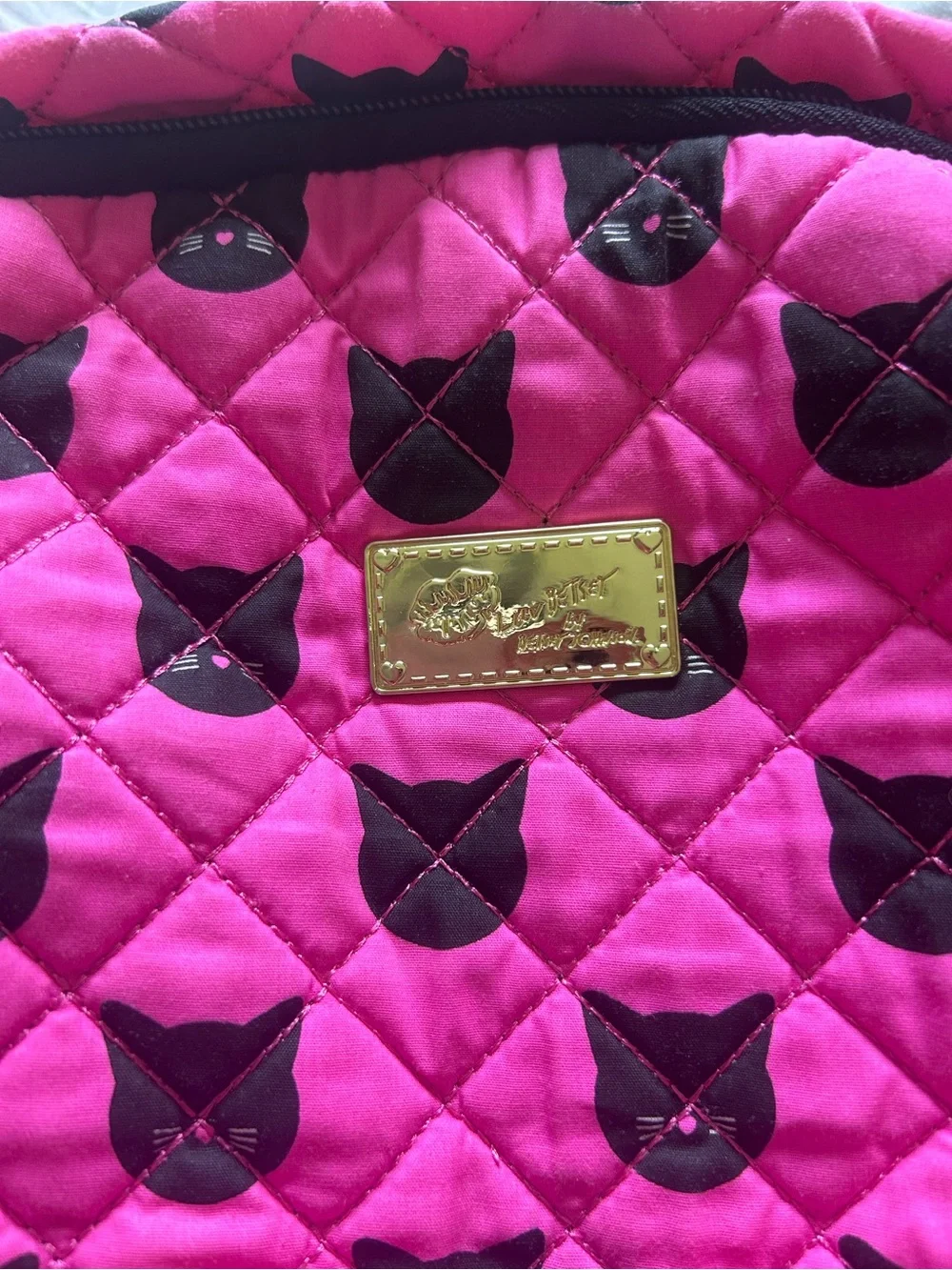 Betsey Johnson Hot Pink Quilted Backpack Bag with Black Cat Print